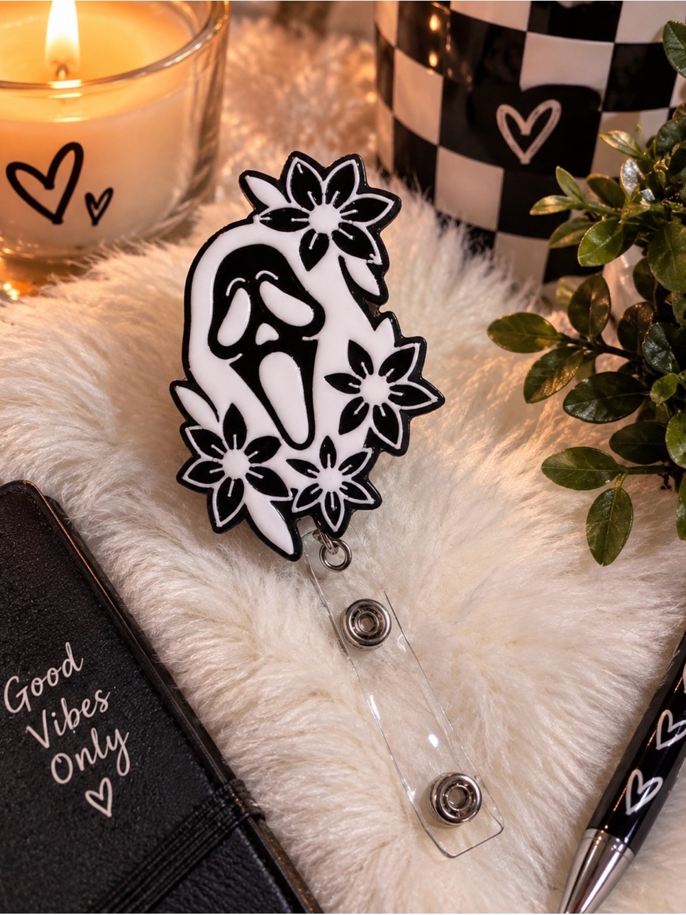 Black & White Floral Ghost Badge Reel - 3D Peinter . Alligator clip